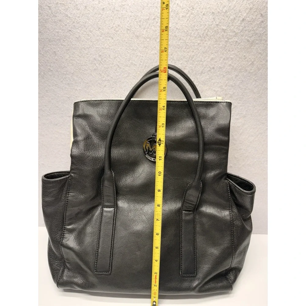 Michael Kors Tippi Large Satchel Leather Handbag Purse Black Cream White
